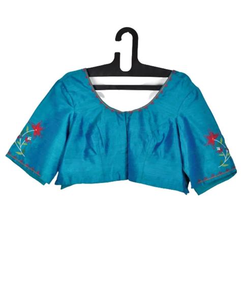 Dual shaded blue raw silk blouse with embroidery lily motifs – GoSwadeshi