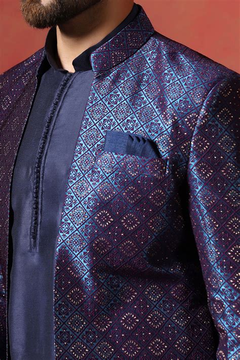 Navy Blue Jacquard Solid Sherwani Set| Singhania's