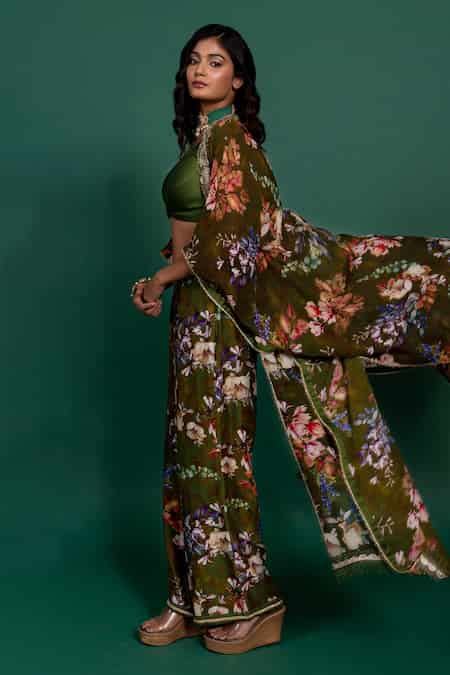Buy Green Overlay Georgette, Pant And Bustier Chanderi Floral & Wide ...