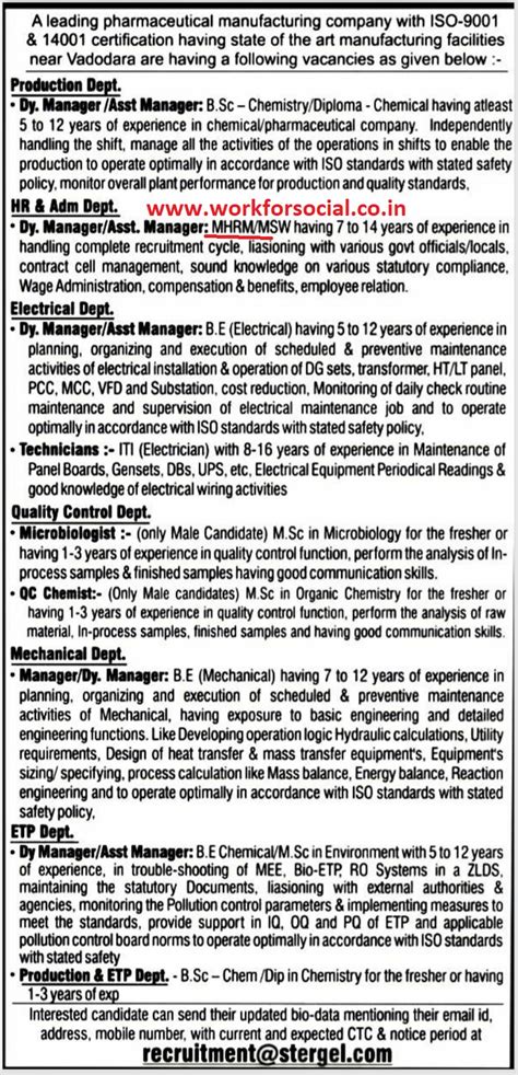 Stergel Pharmaceutucal Manufacturing Company Vadodara Recruitment 2021