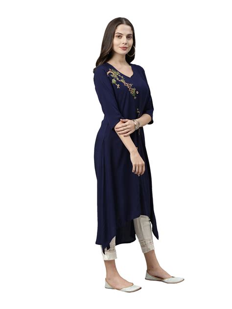 Neerus Women Navy Blue Green Phulkari Embroidered Floral Front-Slit A ...