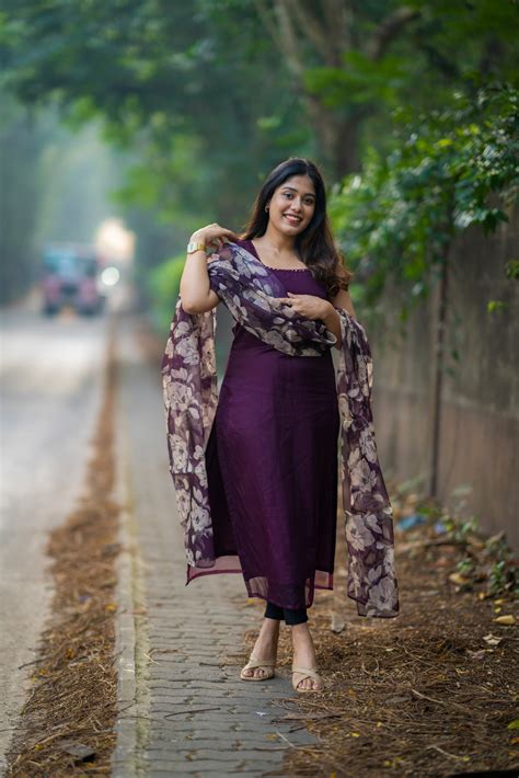 Burgundy shaded organza kurti with mirror worked neckline and printed ...