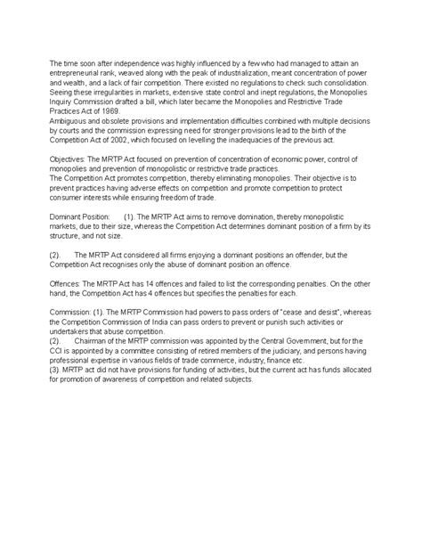 MRTP Act & Competition Act - Key Notes and Comparisons - Studocu