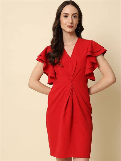Buy Beatnik Crepe Fitted Solid Shorts Sleeve Red Women Dresses dresses ...