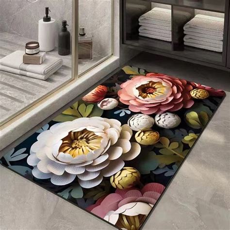 3D Flower Print Water Absorbent Bathroom Mat – Non-Slip, Quick-Dry Flo ...