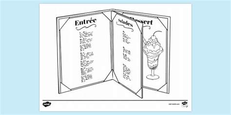 French Menu from a Restaurant Colouring Sheet