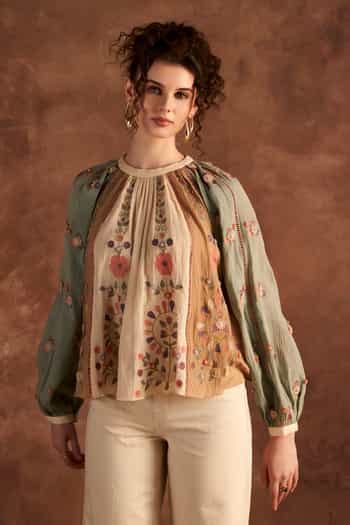 Buy Beige Chiffon Embroidery Round Neck Floral Thread Top For Women by ...