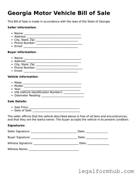 Prepare Your Georgia Motor Vehicle Bill of Sale With Our Printable Form