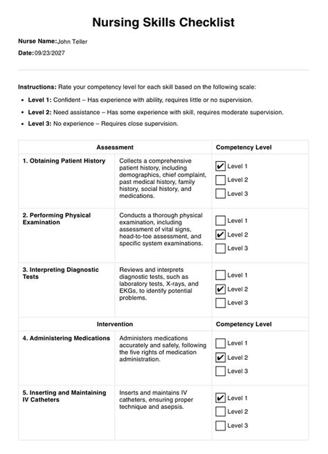 Nursing Skills Checklist Template & Example | Free PDF Download