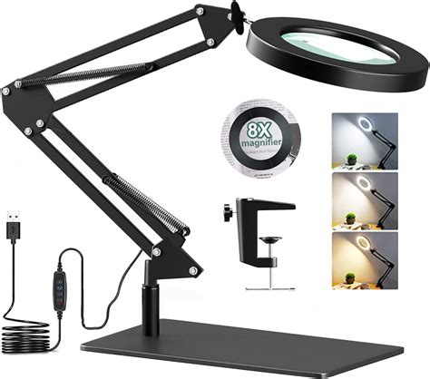 Magnifying Desk Lamp with Base & Clamp, 8X Magnifying Glass with Light ...