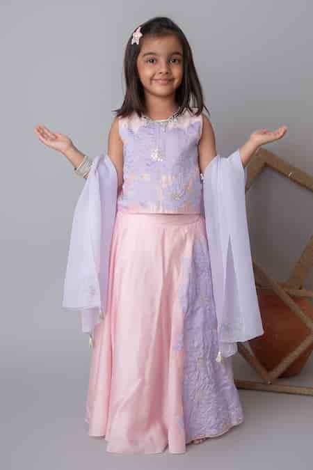 Buy Pink Handwoven Chanderi Applique Floral Lehenga Set For Girls by Mi ...