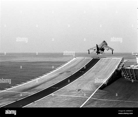 An FRS. Mark 1 Sea Harrier aircraft takes off from the flight deck of ...