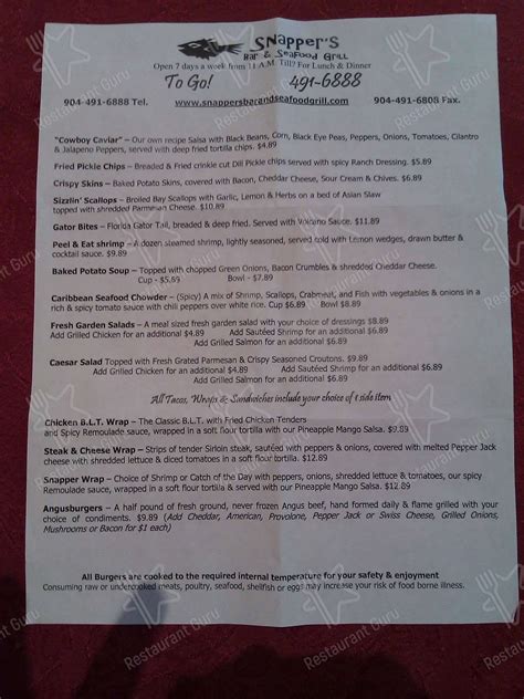 Menu at Snapper Bar And Seafood Grill, Fernandina Beach