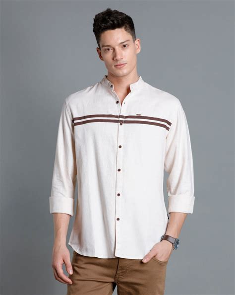 IDENTITI Men Slim Fit Mandarin Collar Solid Shirt In Beige