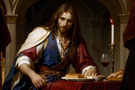 Arafed image of a man sitting at a table with bread and wine - SeaArt AI