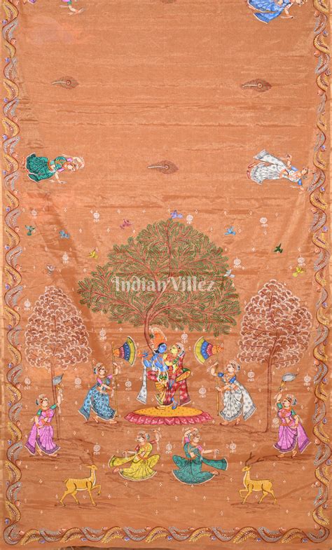 Light Orange Krishna Rasa Leela Hand-Painted Pattachitra Saree (Tissue ...