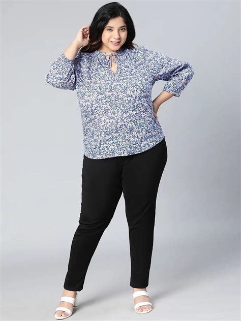 Plus Size Women Top - Blue Floral Organic Cotton Casual Blouse – oxolloxo
