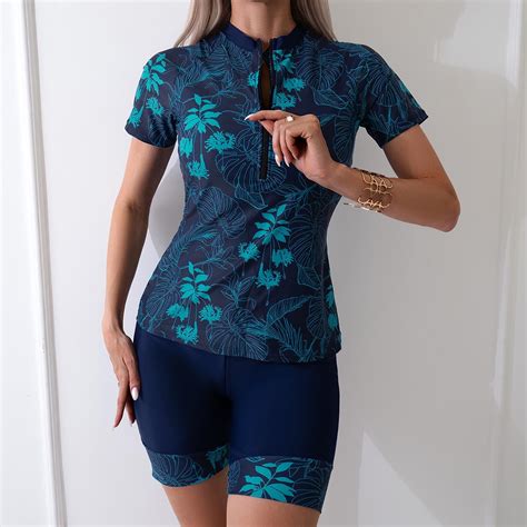 Women's One Piece Swimsuit Short Sleeve Zipper Front Boyshort Bathing ...