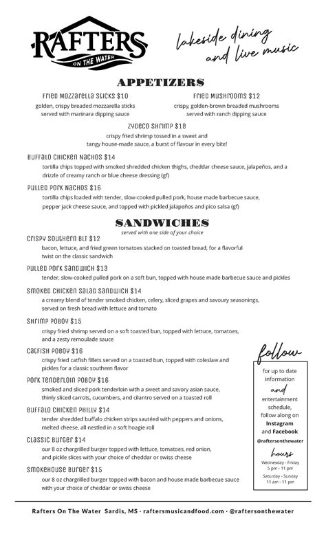 Rafters On The Water Menu — Sardis Lake Marina