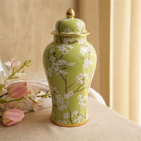 Green and White Floral Print Ceramic Urn with Lid - Small