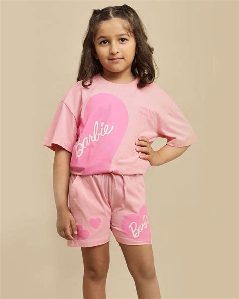 Barbie printed Relaxed Fit T-Shirt & Shorts Co-Ords Set For Girls ...