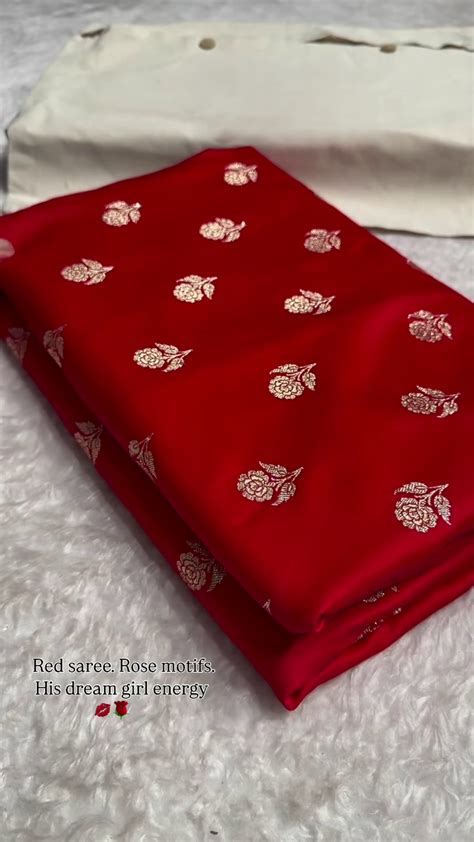 Bright Red Banarasi Silk Saree with Gold Zari Rose Buti Motifs & Tradi ...