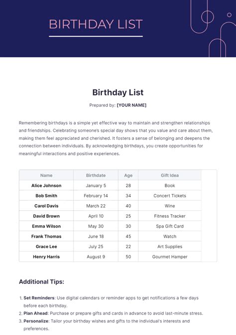 Birthday Reminder Printable List Birthday Tracker, Printable, Birthday