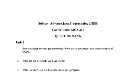 MCA 201 Question Bank: Advance Java Programming (J2EE) - Studocu