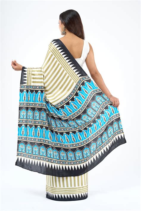 Teejh Rayza Off white, Sage and blue Digital Print Modal Silk Saree