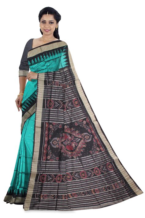 Sambalpuri Pata saree in light green color in plain design with black