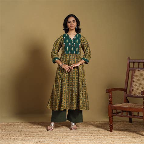 Green Natural Dyed Cotton A-Line Hand Block Print Ajrakh Kurta with ...