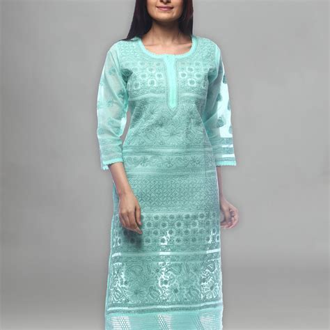 Seva Chikan Hand Embroidered Sea Green Cotton Lucknowi Chikan Kurti-SC