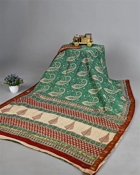 Traditional Pure Maheshwari Silk Handblock Printed Saree - Green with ...