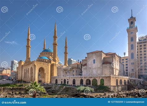 A Mosque and a Church Together in Beirut, Capital of Lebanon in a Blue Sky Day Stock Image ...