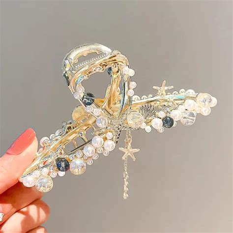 Trendy Luxury Design Pearl Shell Starfish Tassel Shark Clip For Girls ...