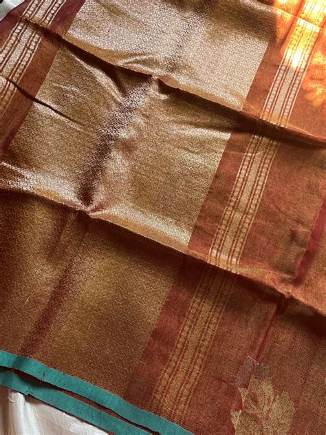 Handloom Linen Tissue Saree - Rust | House of Thansha