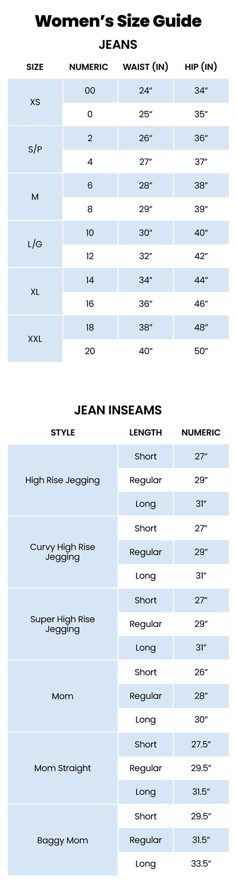 Size Chart Jeans Women