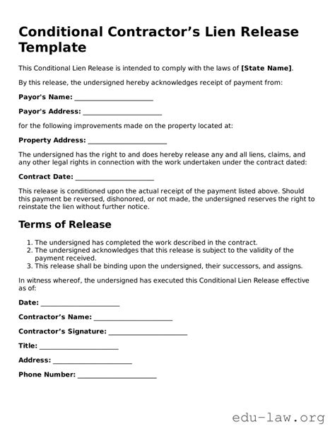 Conditional Contractor’s Lien Release Template – PDF Form