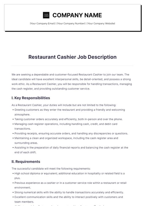 Free Restaurant Cashier Job Description Template to Edit Online