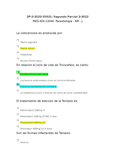 2P Parasitología - PARCIAL - 2P-2-2022-35921: Segundo Parcial 2- MED ...