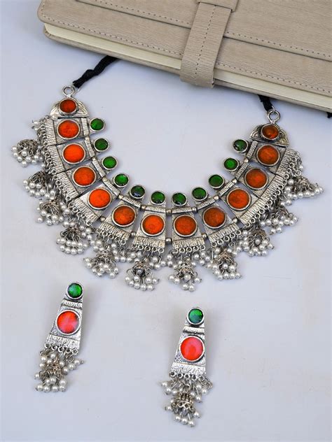 Tribal Charm: Oxidised Silver Choker Necklace Set with Meenakari Enameling