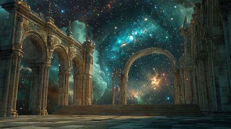 A picture of a building with a space background that says quot the ...