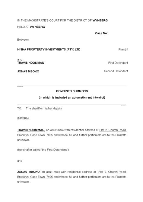 Combined Summons - practical notes - IN THE MAGISTRATE'S COURT FOR THE DISTRICT OF WYNBERG HELD ...