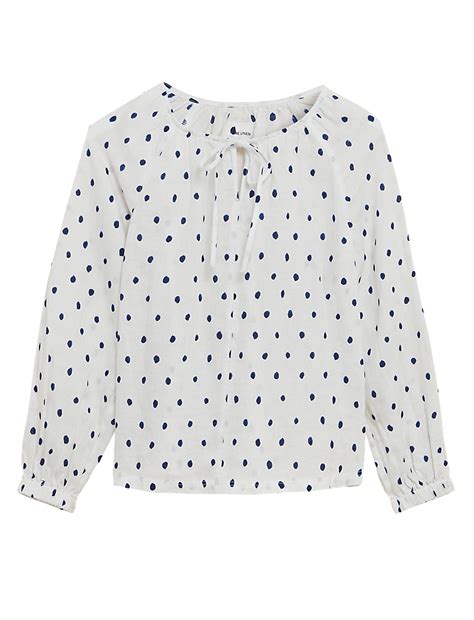Buy Pure Linen Polka Dot Long Sleeve Top at Marks & Spencer