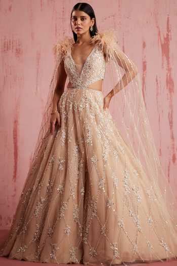 Buy Peach Net Sequins, Myreen Embellished Floral Gown With Detachable ...