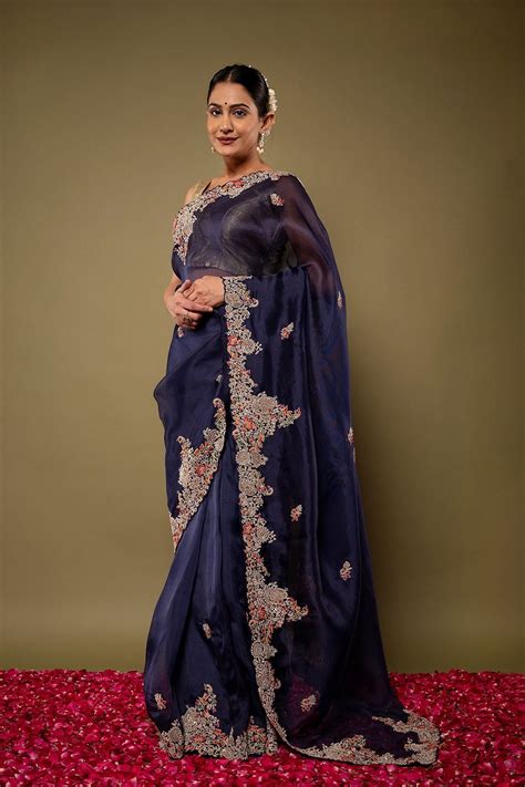 Royal Blue pure organza Dapka Marodi Zardozi border butti handwork sar
