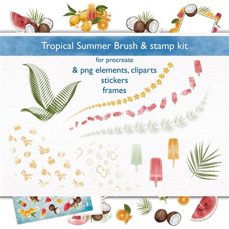 Tropical Summer Brush & Stamp Set for Procreate – Watercolor Clip Art ...