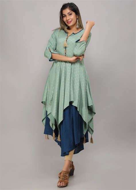 Get Tassel Detail Contrast Double Layered Asymmetrical Kurta at ₹ 999 ...