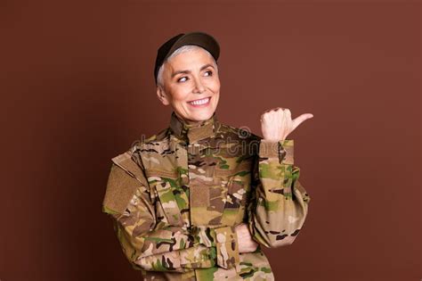 Photo Portrait of Attractive Mature Woman Army Soldier Point Look Empty ...