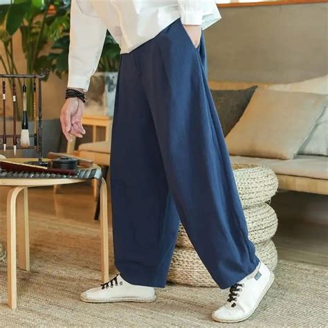 Casual Cotton Linen Baggy Pants Men Joggers Wide leg Harem Trousers ...